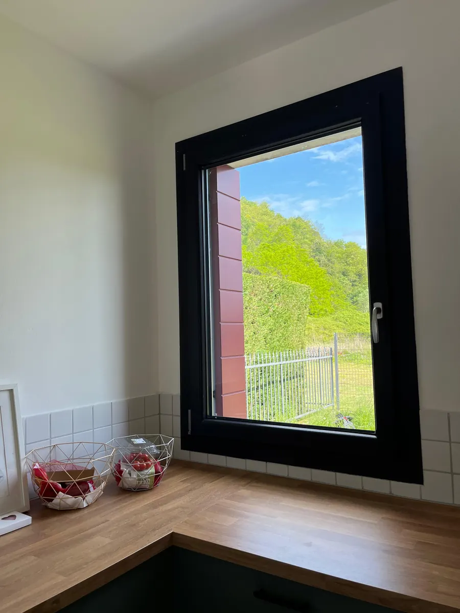 Finestra con telaio scuro in una cucina con piano in legno, vista sul verde
